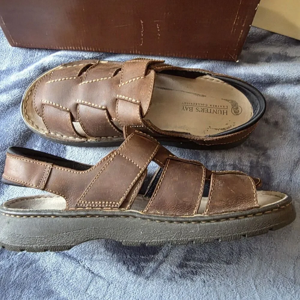 Hunter's Bay Sandals Shoes Mens Size 13 Brown Leather Hook Loop Casual